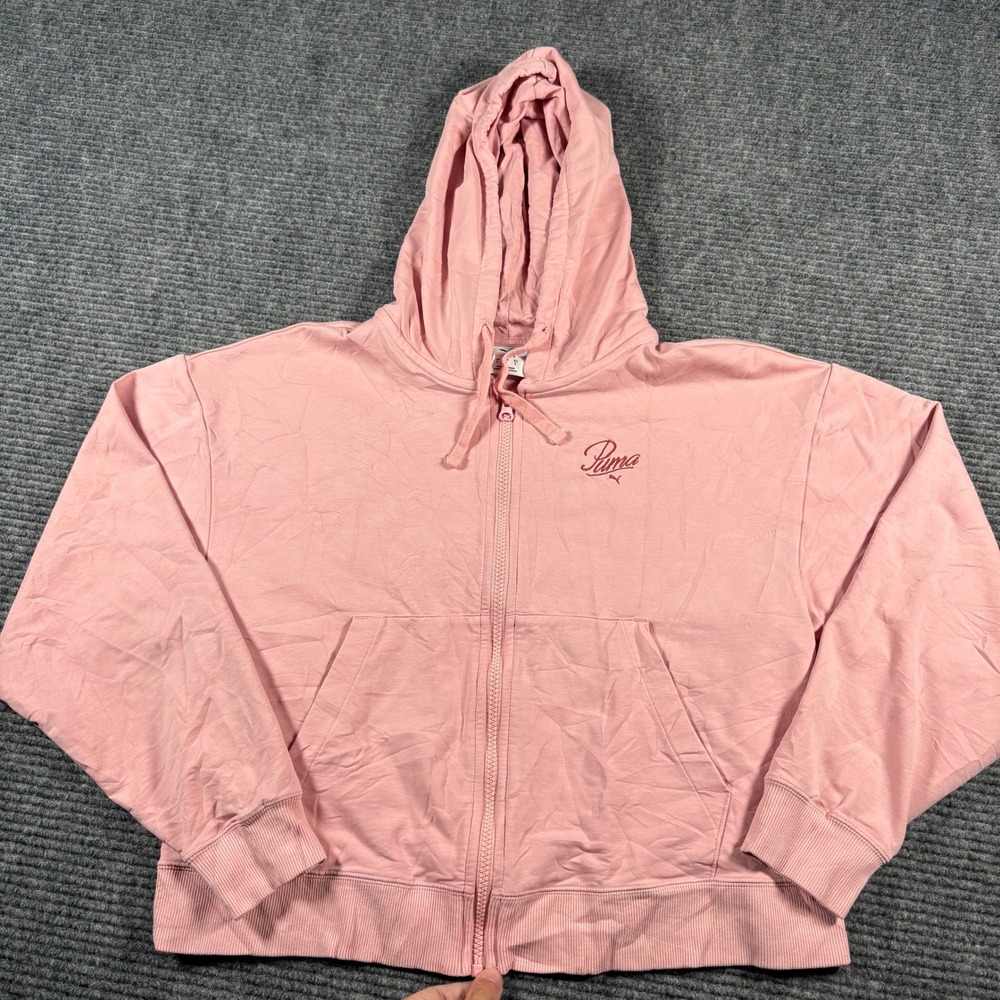 Puma Womens Full Zip Hoodie Pink Embroidered Logo Long Sleeve Sweatshirt Size S